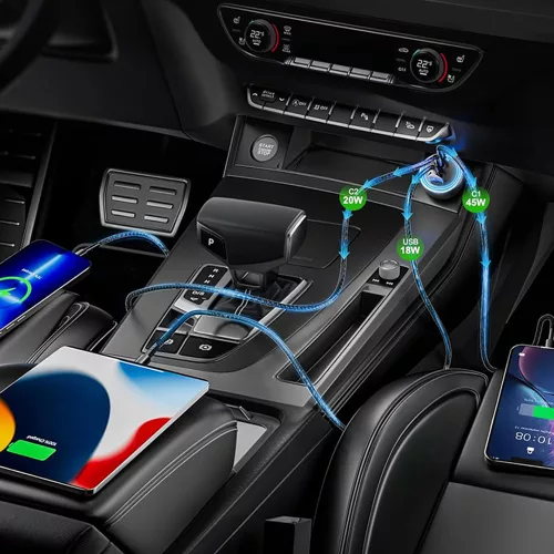 Techsuit Premium DriveBoost (C6) autós töltő – gyorstöltés, LED-fény, USB, 2 × USB-C, 60 W – Ezüst