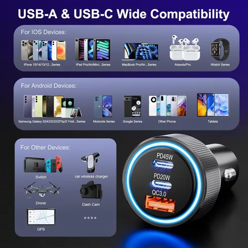Techsuit Premium DriveBoost (C6) autós töltő – gyorstöltés, LED-fény, USB, 2 × USB-C, 60 W – Ezüst