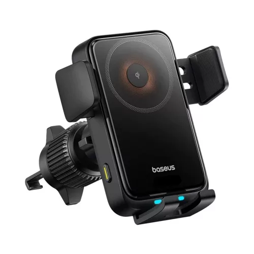 Baseus Wisdom Pro vezeték nélküli autós telefontartó – szellőzőrácsra, 15W 360°-os forgatás, LED világítás, 7,2 hüvelykig – fekete