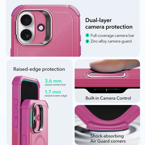 iPhone 17, Ütésálló MagSafe-es tok, kitámasztóval, háromrétegű védelemmel - Rózsaszín - ESR - Cyber Armor Kickstand