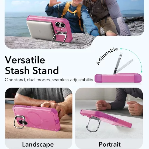 iPhone 17, Ütésálló MagSafe-es tok, kitámasztóval, háromrétegű védelemmel - Rózsaszín - ESR - Cyber Armor Kickstand