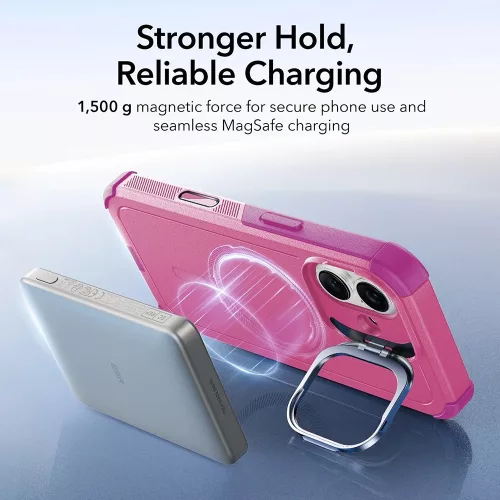 iPhone 17, Ütésálló MagSafe-es tok, kitámasztóval, háromrétegű védelemmel - Rózsaszín - ESR - Cyber Armor Kickstand