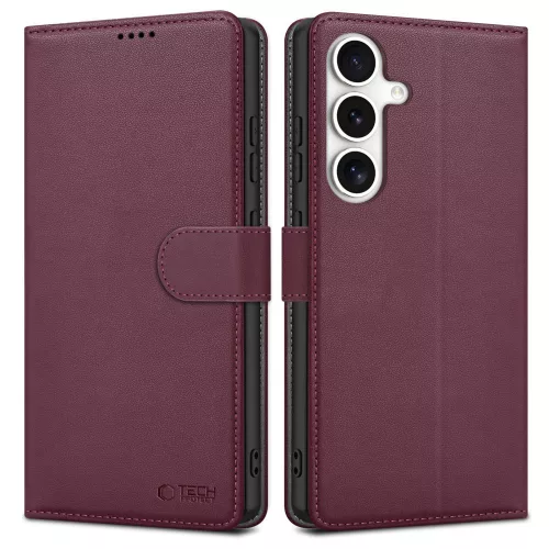 Samsung Galaxy S25, Elegáns Öko bőr telefontok kártyatartóval és állványfunkcióval - Bordó - Tech-Protect Wallet