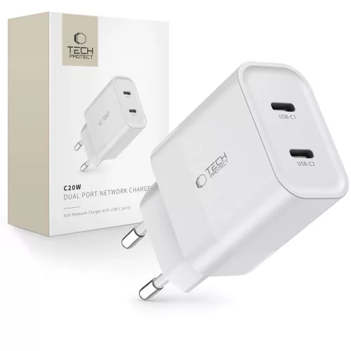 Tech-Protect C20W hálózati töltő - 2× USB-C PD 20W - fehér