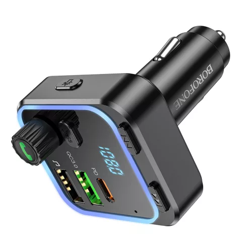Borofone BC53 Highway FM Transmitter – MP3, Bluetooth, 2xUSB + Type-C, QC 3.0 18W PD 20W (Fekete)
