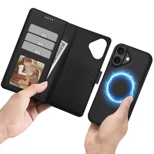 iPhone 17, Mágneses Öko bőr telefontok kártyatartóval és állvánnyal - Matt fekete - Tech-Protect Wallet MagSafe