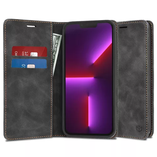 Techsuit - Confy Cover - Hasított Bőr kinyitható tok, kártyatartóval - Honor 200 pro  - Fekete