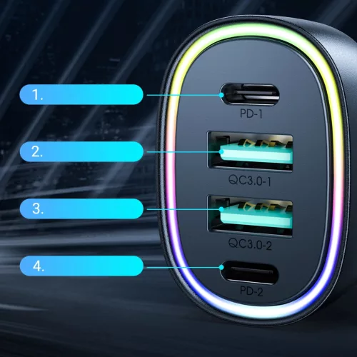Joyroom JR-CL29 70W autós töltő 4 porttal: 2 x USB-C, 2 x USB - fekete