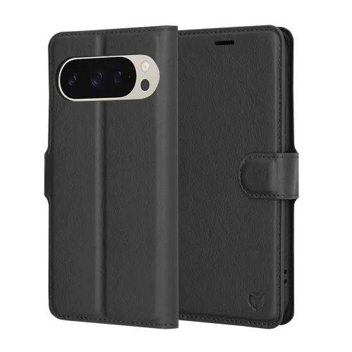 Google Pixel 9 Pro / 9, Kinyitható kártyatartós Ökobőr tok állványfunkcióval - Fekete - Techsuit Leather Folio