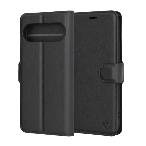 Google Pixel 9 Pro / 9, Kinyitható kártyatartós Ökobőr tok állványfunkcióval - Fekete - Techsuit Leather Folio
