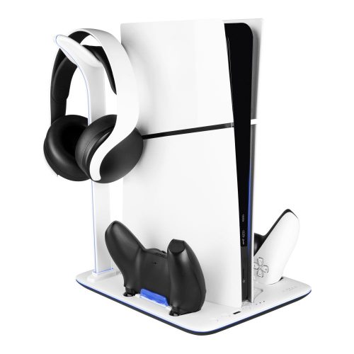Multifunkciós állomás PlayStation 5 Slim-hez, 2 kontroller töltőállás, 3 hűtési fokozat, Fejhallgató tartó, beépített LED - Fehér - Fixed