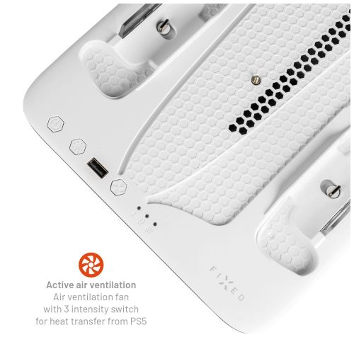 Multifunkciós állomás PlayStation 5 Slim-hez, 2 kontroller töltőállás, 3 hűtési fokozat, Fejhallgató tartó, beépített LED - Fehér - Fixed