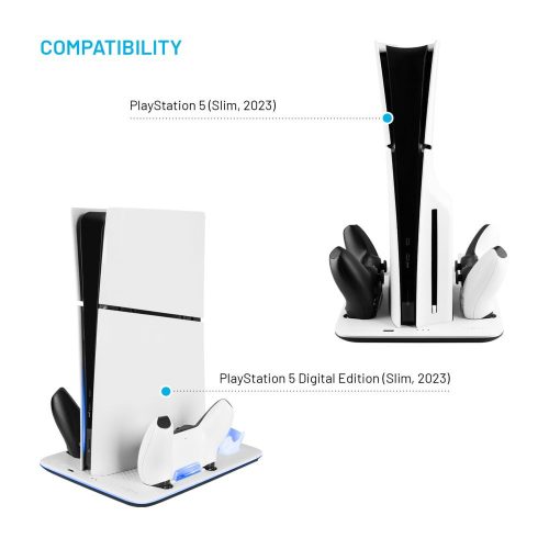 Multifunkciós állomás PlayStation 5 Slim-hez, 2 kontroller töltőállás, 3 hűtési fokozat, Fejhallgató tartó, beépített LED - Fehér - Fixed