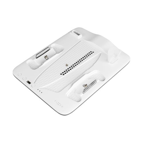 Multifunkciós állomás PlayStation 5 Slim-hez, 2 kontroller töltőállás, 3 hűtési fokozat, Fejhallgató tartó, beépített LED - Fehér - Fixed