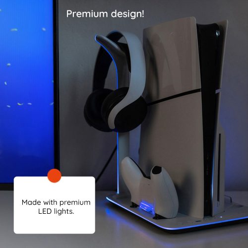 Multifunkciós állomás PlayStation 5 Slim-hez, 2 kontroller töltőállás, 3 hűtési fokozat, Fejhallgató tartó, beépített LED - Fehér - Fixed