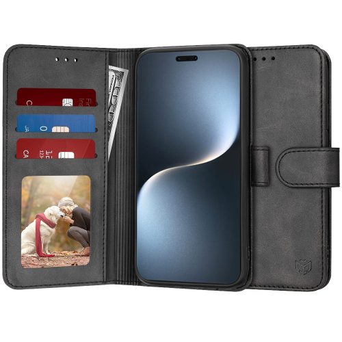 Honor Magic 7 Pro, Kinyitható kártyatartós Ökobőr tok állványfunkcióval - Fekete - Techsuit Diary Book