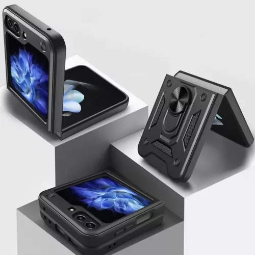 Modern Ütésálló Telefontok Állvánnyal és Kamera Védelemmel Samsung Z Flip 5 - Fekete