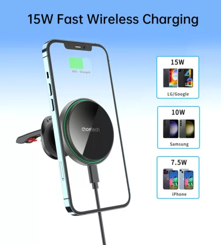 Choetech T204-F mágneses autós tartó 15W vezeték nélküli töltéssel - fekete