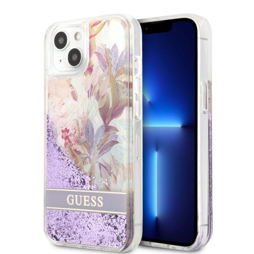 Guess Virág mintás Liquid Glitter tok iPhone 14 Pro - lila