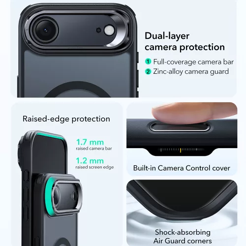 iPhone 17 Air, Ütésállő MagSafe-es tok, Kameravédelemmel, Légpárnás sarkokkal - Matt Fekete - ESR Classic Hybrid HaloLock