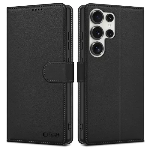 Samsung Galaxy S25 Ultra, Elegáns Öko bőr telefontok kártyatartóval és állványfunkcióval - Fekete - Tech-Protect Wallet