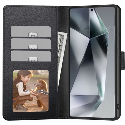 Samsung Galaxy S25 Ultra, Elegáns Öko bőr telefontok kártyatartóval és állványfunkcióval - Fekete - Tech-Protect Wallet