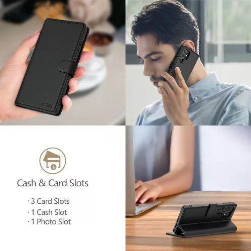 Samsung Galaxy S25 Ultra, Elegáns Öko bőr telefontok kártyatartóval és állványfunkcióval - Fekete - Tech-Protect Wallet