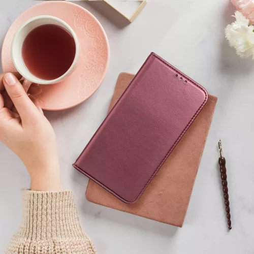 Xiaomi 15 Pro, Mágneses Kinyitható ECO bőr tok belső kártyatartó zsebbel - Bordó - Smart magneto 
