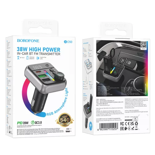 Borofone BC50 Ascenso FM Transmitter – MP3, Bluetooth, 2xUSB + Type-C, QC 3.0 PD 38W (Fekete)