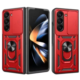   Modern Ütésálló Telefontok Állvánnyal és Kamera Védelemmel Samsung Z Fold 3 - Piros
