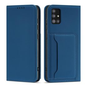   Samsung Galaxy A13 5G - Kinyitható tok, Ökobőrből, kártyatartóval, állványfunkcióval, mágneses záródással - Kék - Magnet Card Case