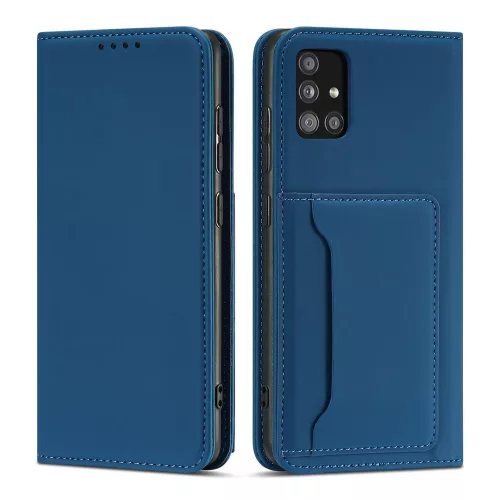 Samsung Galaxy A13 5G - Kinyitható tok, Ökobőrből, kártyatartóval, állványfunkcióval, mágneses záródással - Kék - Magnet Card Case