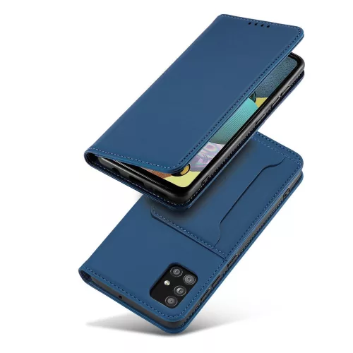 Samsung Galaxy A13 5G - Kinyitható tok, Ökobőrből, kártyatartóval, állványfunkcióval, mágneses záródással - Kék - Magnet Card Case