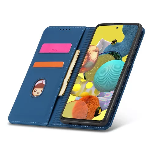 Samsung Galaxy A13 5G - Kinyitható tok, Ökobőrből, kártyatartóval, állványfunkcióval, mágneses záródással - Kék - Magnet Card Case