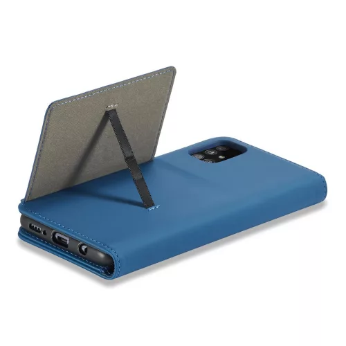 Samsung Galaxy A13 5G - Kinyitható tok, Ökobőrből, kártyatartóval, állványfunkcióval, mágneses záródással - Kék - Magnet Card Case