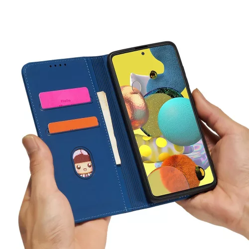 Samsung Galaxy A13 5G - Kinyitható tok, Ökobőrből, kártyatartóval, állványfunkcióval, mágneses záródással - Kék - Magnet Card Case