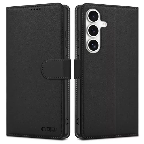 Samsung Galaxy S25, Elegáns Öko bőr telefontok kártyatartóval és állványfunkcióval - Fekete - Tech-Protect Wallet
