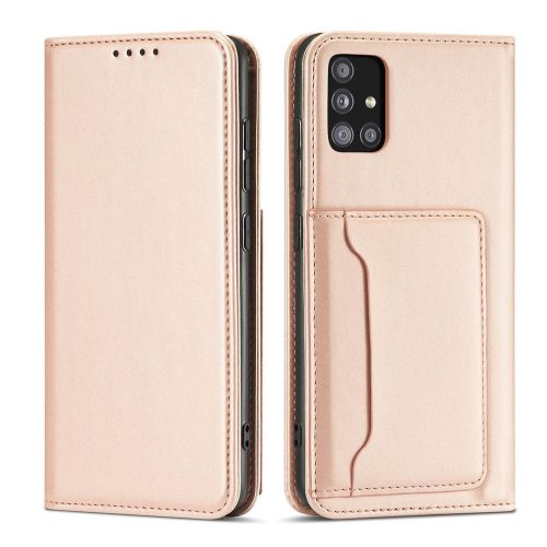 Samsung Galaxy A13 5G - Kinyitható tok, Ökobőrből, kártyatartóval, állványfunkcióval, mágneses záródással - Rózsaszín - Magnet Card Case