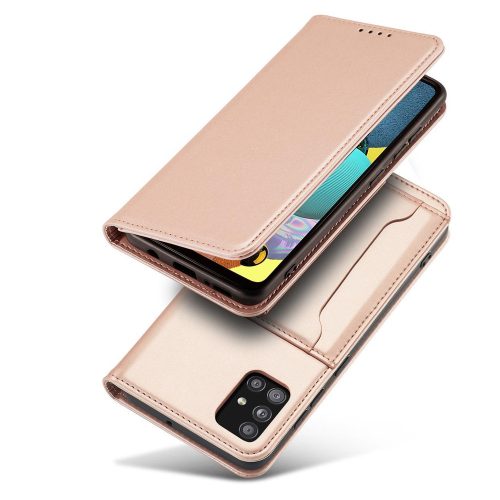 Samsung Galaxy A13 5G - Kinyitható tok, Ökobőrből, kártyatartóval, állványfunkcióval, mágneses záródással - Rózsaszín - Magnet Card Case
