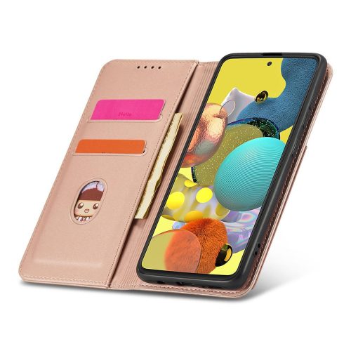 Samsung Galaxy A13 5G - Kinyitható tok, Ökobőrből, kártyatartóval, állványfunkcióval, mágneses záródással - Rózsaszín - Magnet Card Case