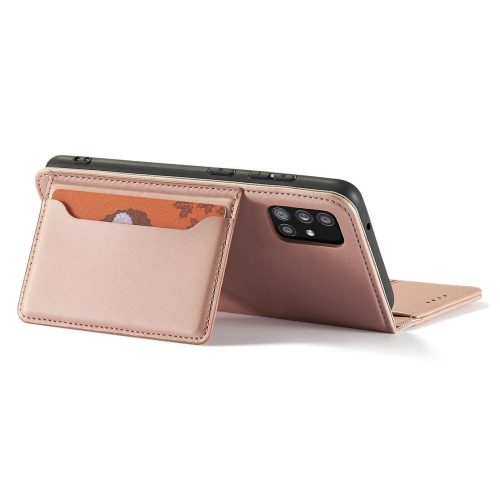Samsung Galaxy A13 5G - Kinyitható tok, Ökobőrből, kártyatartóval, állványfunkcióval, mágneses záródással - Rózsaszín - Magnet Card Case