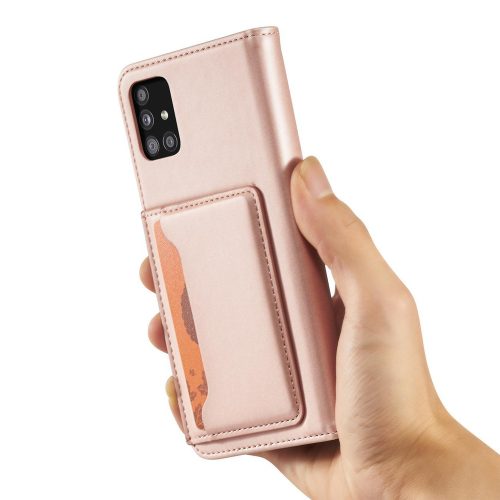 Samsung Galaxy A13 5G - Kinyitható tok, Ökobőrből, kártyatartóval, állványfunkcióval, mágneses záródással - Rózsaszín - Magnet Card Case