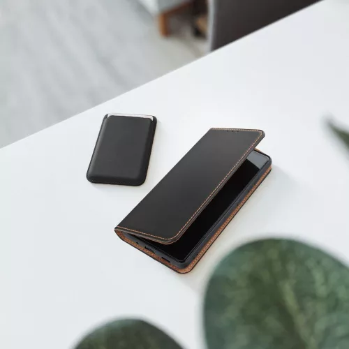 Xiaomi Redmi 14C, Kinyitható kártyatartós tok, valódi bőrből - Fekete - SMART PRO