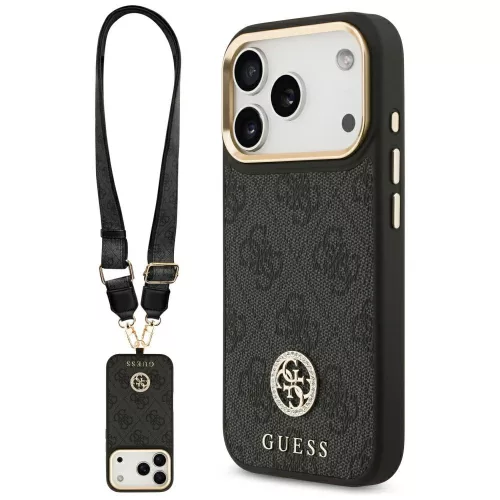 iPhone 17 Pro, Guess - Hardcase 4G Strass Logo MagSafe tok, pánttal - Fekete