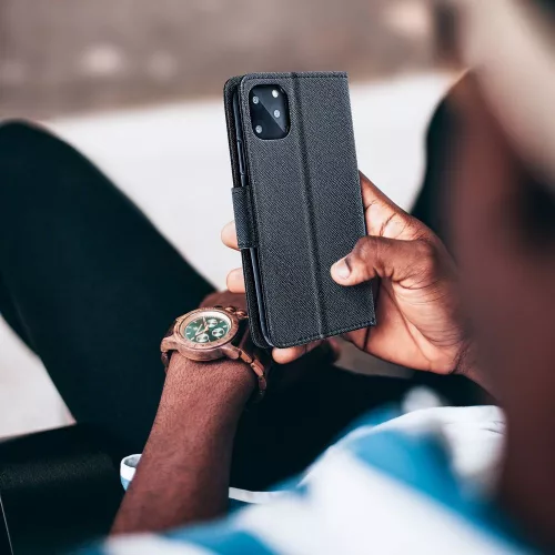 Samsung Galaxy A54 5G, Mágneses Kinyitható tok belső zsebbel és állványfunkióval - Fekete - FANCY