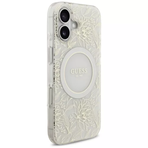 iPhone 17, Guess - IML Flowers with Pearl Strap MagSafe, Virág mintás MagSafe tok karpánttal