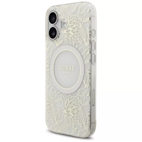 iPhone 17, Guess - IML Flowers with Pearl Strap MagSafe, Virág mintás MagSafe tok karpánttal
