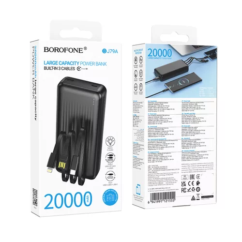 Borofone – Power Bank (BJ79A) – USB-C, USB és Lightning kábelekkel, USB és Type-C csatlakozókkal, LED kijelzővel, 20000 mAh – fekete
