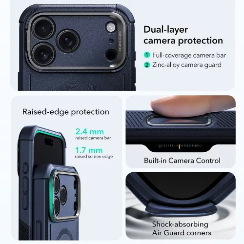 iPhone 17 Pro Max, Ütésálló MagSafe-es tok, kitámasztóval, háromrétegű védelemmel - Kék - ESR - Cyber Armor Kickstand