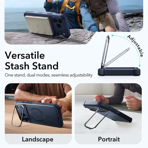 iPhone 17 Pro Max, Ütésálló MagSafe-es tok, kitámasztóval, háromrétegű védelemmel - Kék - ESR - Cyber Armor Kickstand